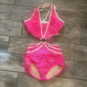 Pink Feathered Sequin Halter Bodysuit costume
